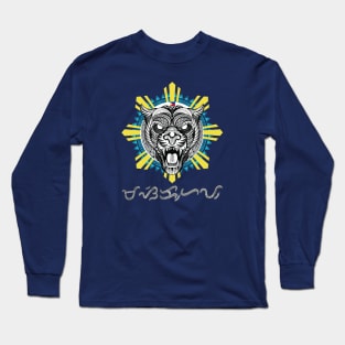 Philippine Sun Tribal line Art Tiger / Baybayin word Masikhay (Diligent ; deep and thorough) Long Sleeve T-Shirt